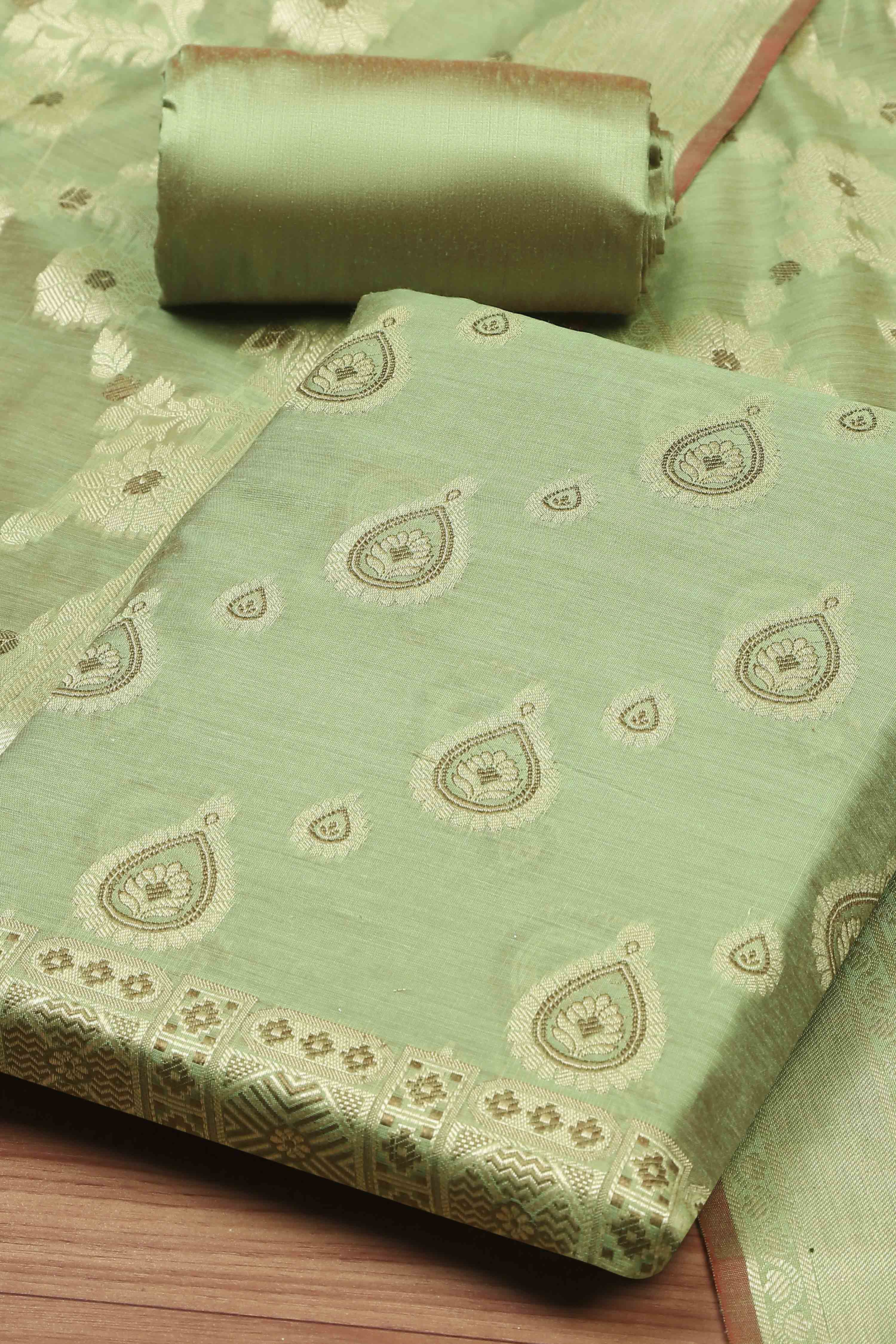Red Chanderi  Unstitched Suit Set image number 1