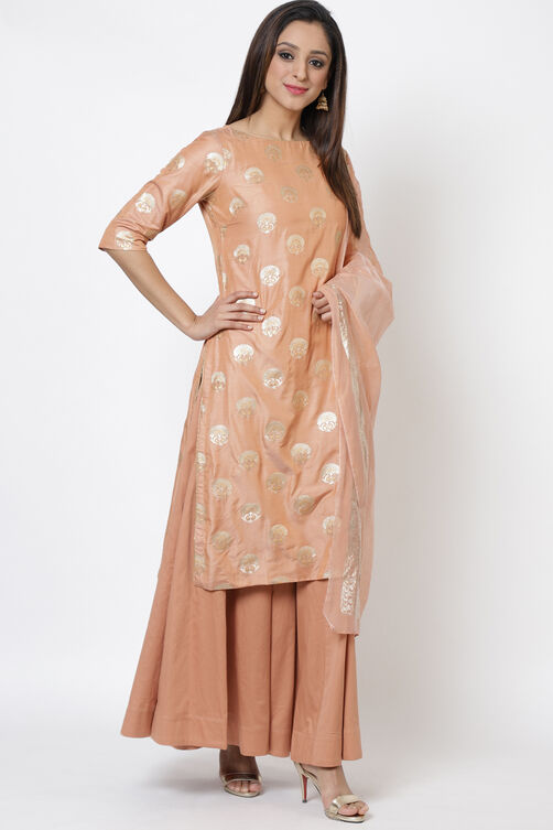 Peach Art Silk Straight Kurta Skirt Suit Set image number 3