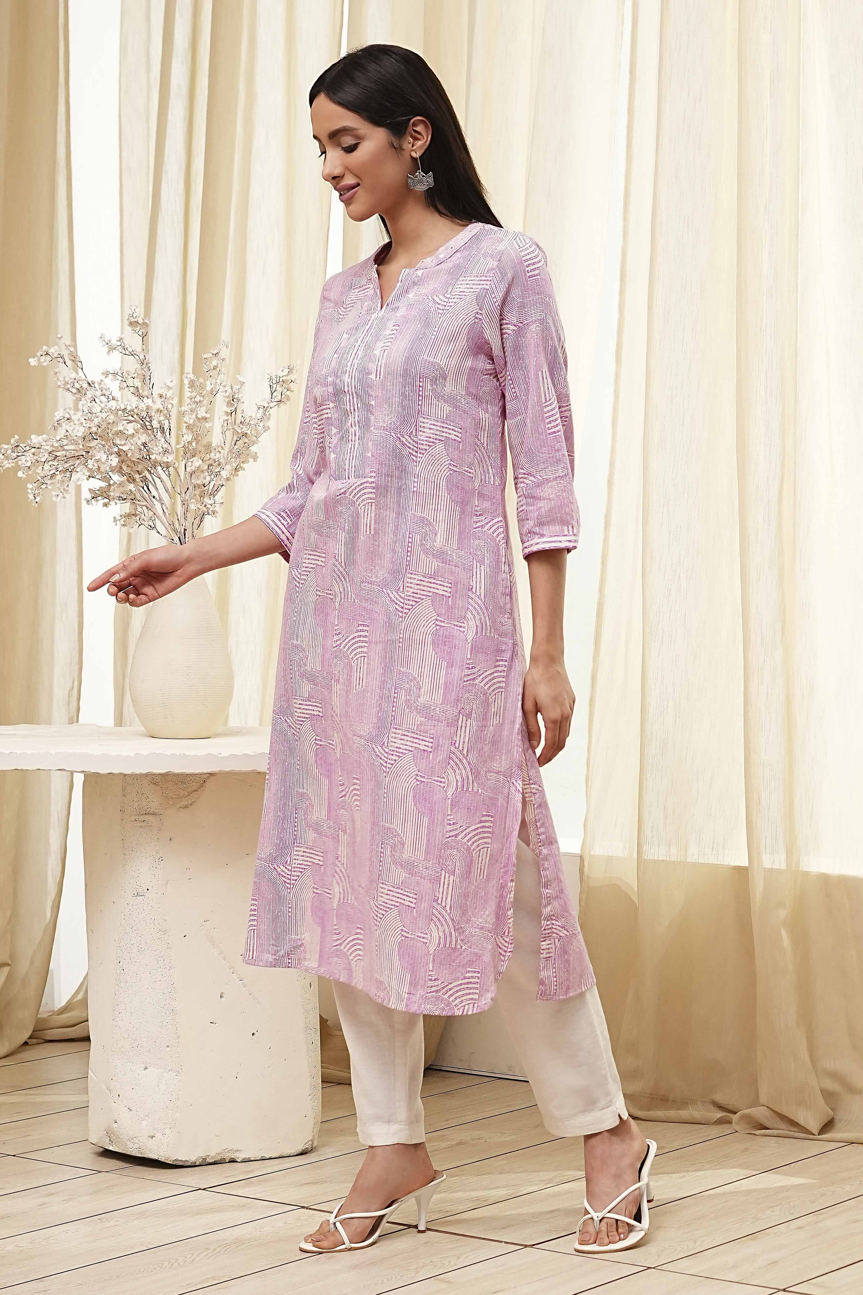 Yellow Cotton Printed Straight Kurta image number 2