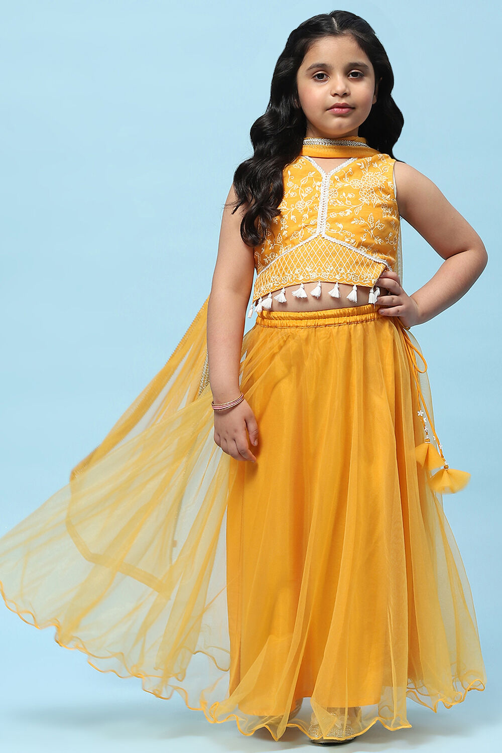 Yellow Poly Chanderi Printed Tasseled Lehenga Set image number 0