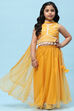 Yellow Poly Chanderi Printed Tasseled Lehenga Set image number 0