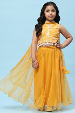 Yellow Poly Chanderi Printed Tasseled Lehenga Set image number 0