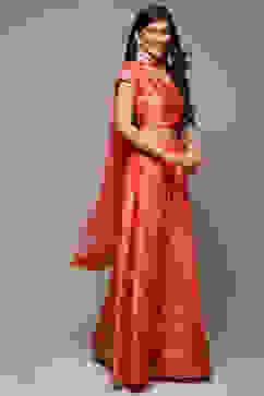 Coral Pink Cotton Blend Lehenga Set image number 6