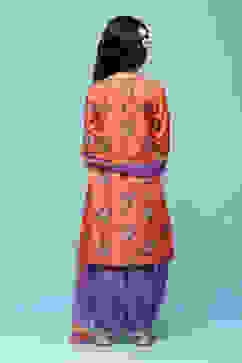 Orange Polyester Gathered Printed Suit Set image number 4