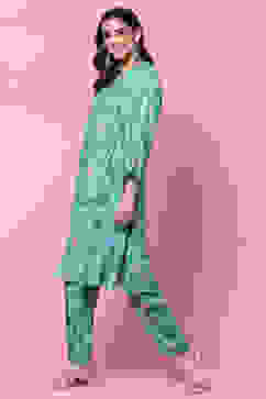 Sea Green LIVA Straight Kurta Relaxed Pant Suit Set image number 3