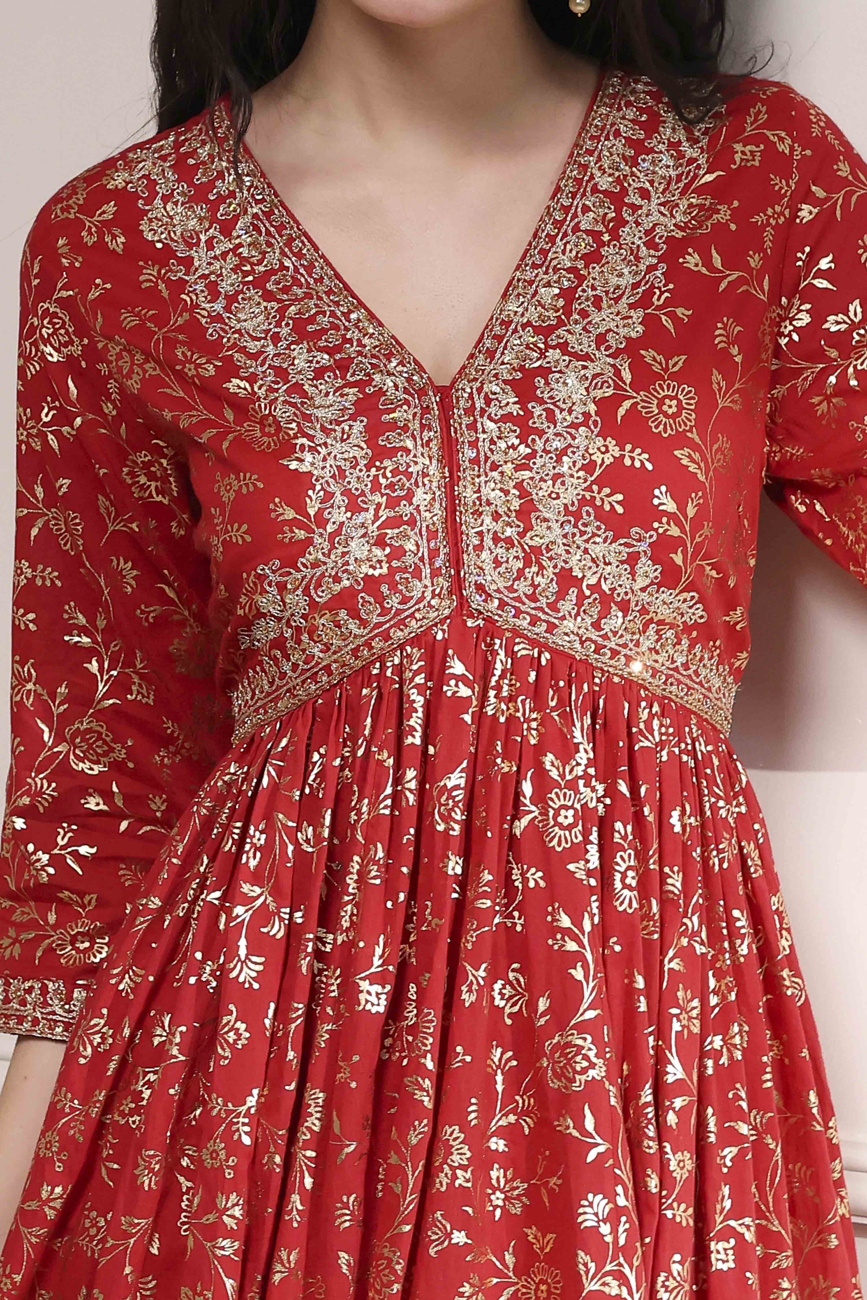 Red Cotton Foil Printed Anarkali Suit Set image number 1