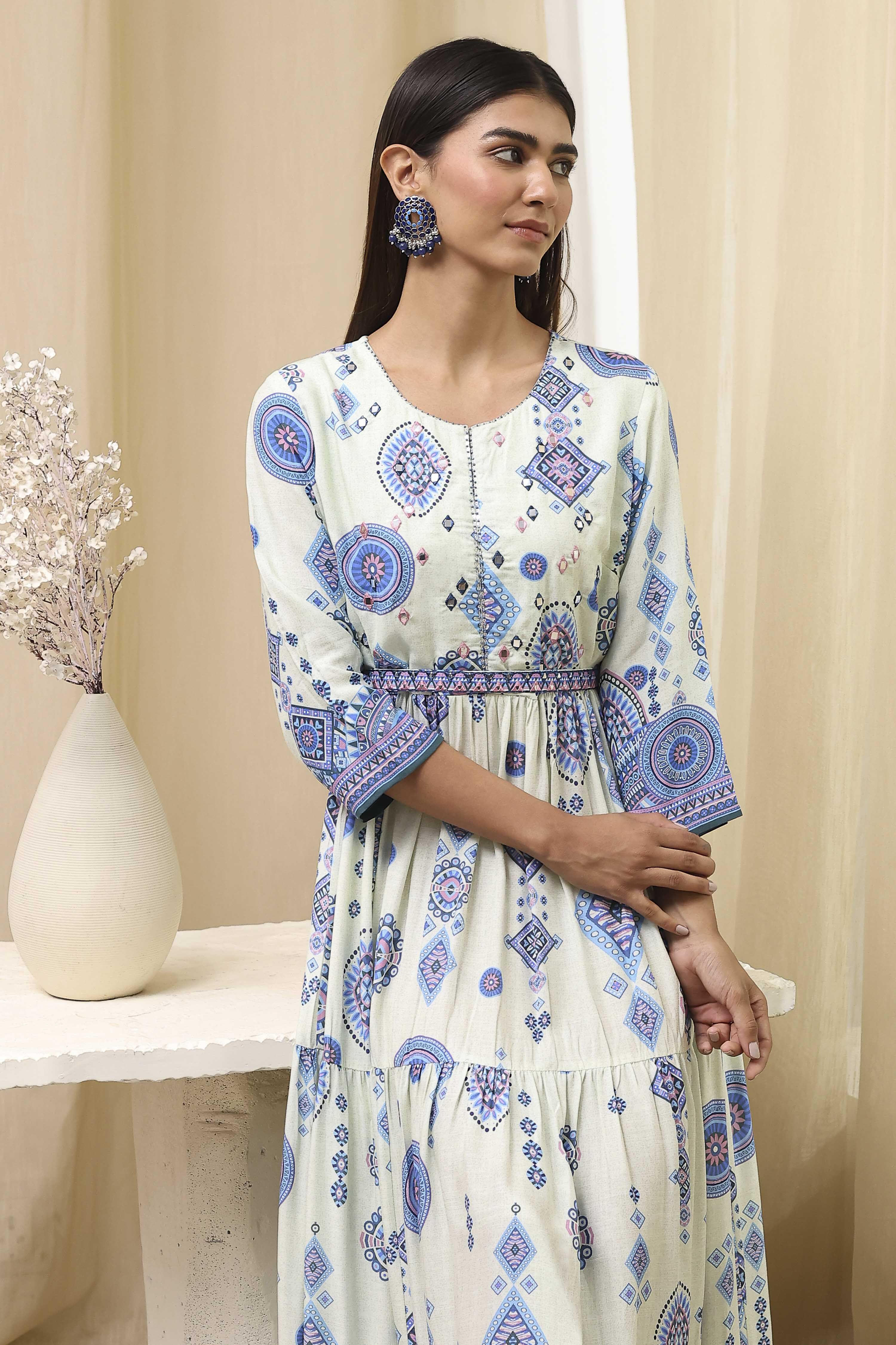 Ecru and Blue Printed Tiered Dress image number 6