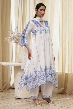 White and Blue Cotton Asymmetric Suit Set image number 5