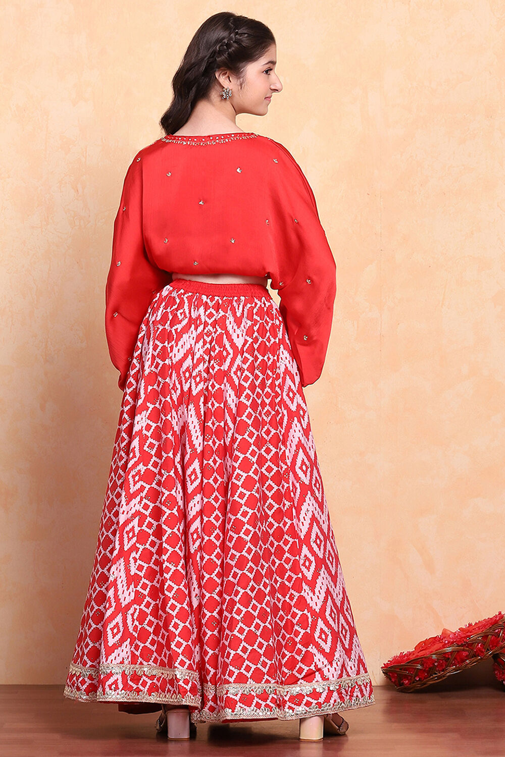 Red Printed Fusion Flared Lehenga Set image number 5