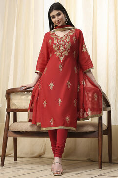 Red Poly Chanderi Fitted Suit Set image number 0