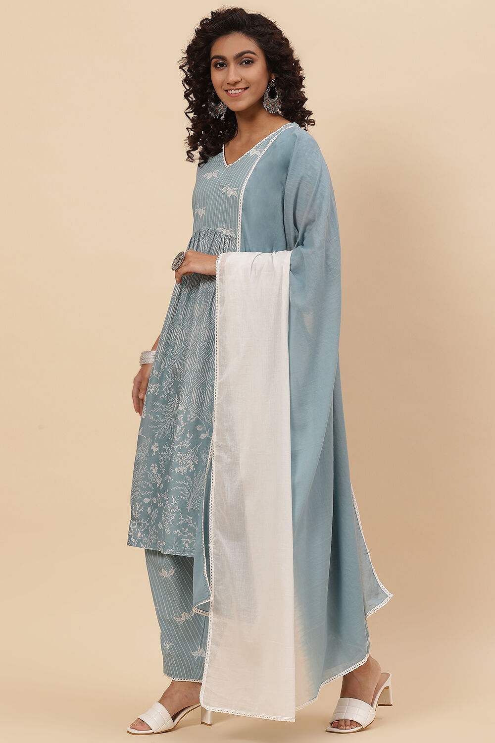 Steel Blue Cotton A-Line Kurta Cross Yoke Salwar Suit Set image number 5