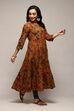 Green & Maroon Cotton Flared Printed Dress image number 3