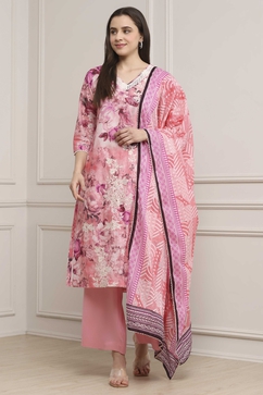 Pink Cotton Floral Printed Straight Suit Set