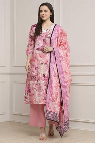 BIBA Pink Cotton Straight Suit Set in Pink