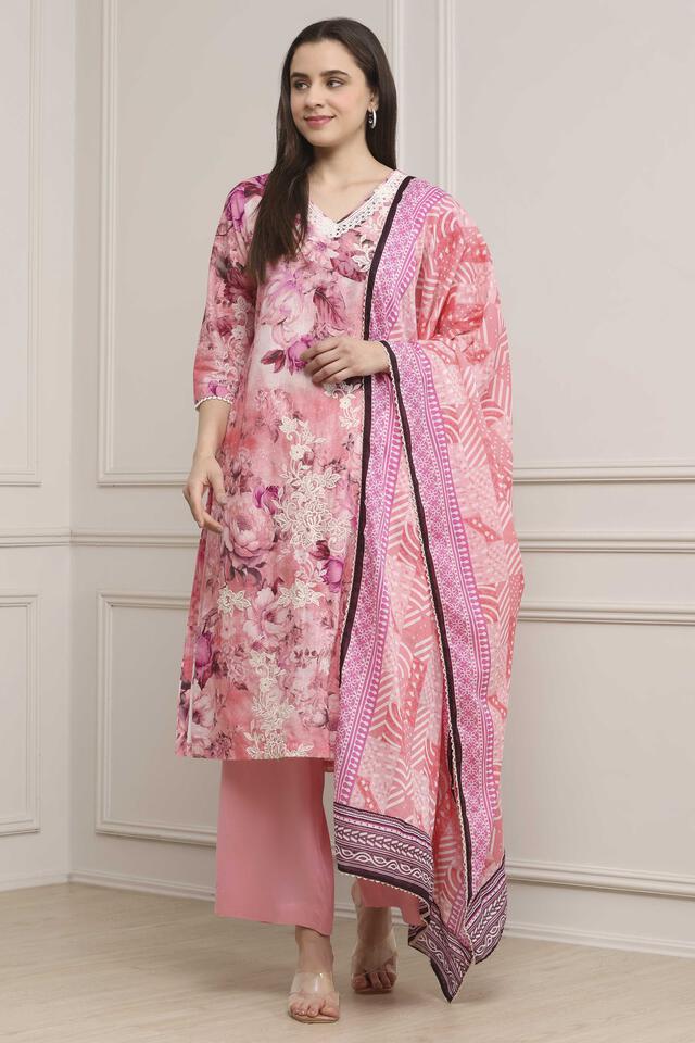 BIBA Pink Cotton Straight Suit Set in Pink