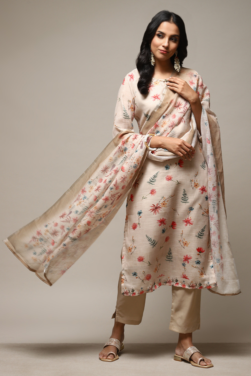 Cream Linen Digital Print Unstitched Suit Set image number 1
