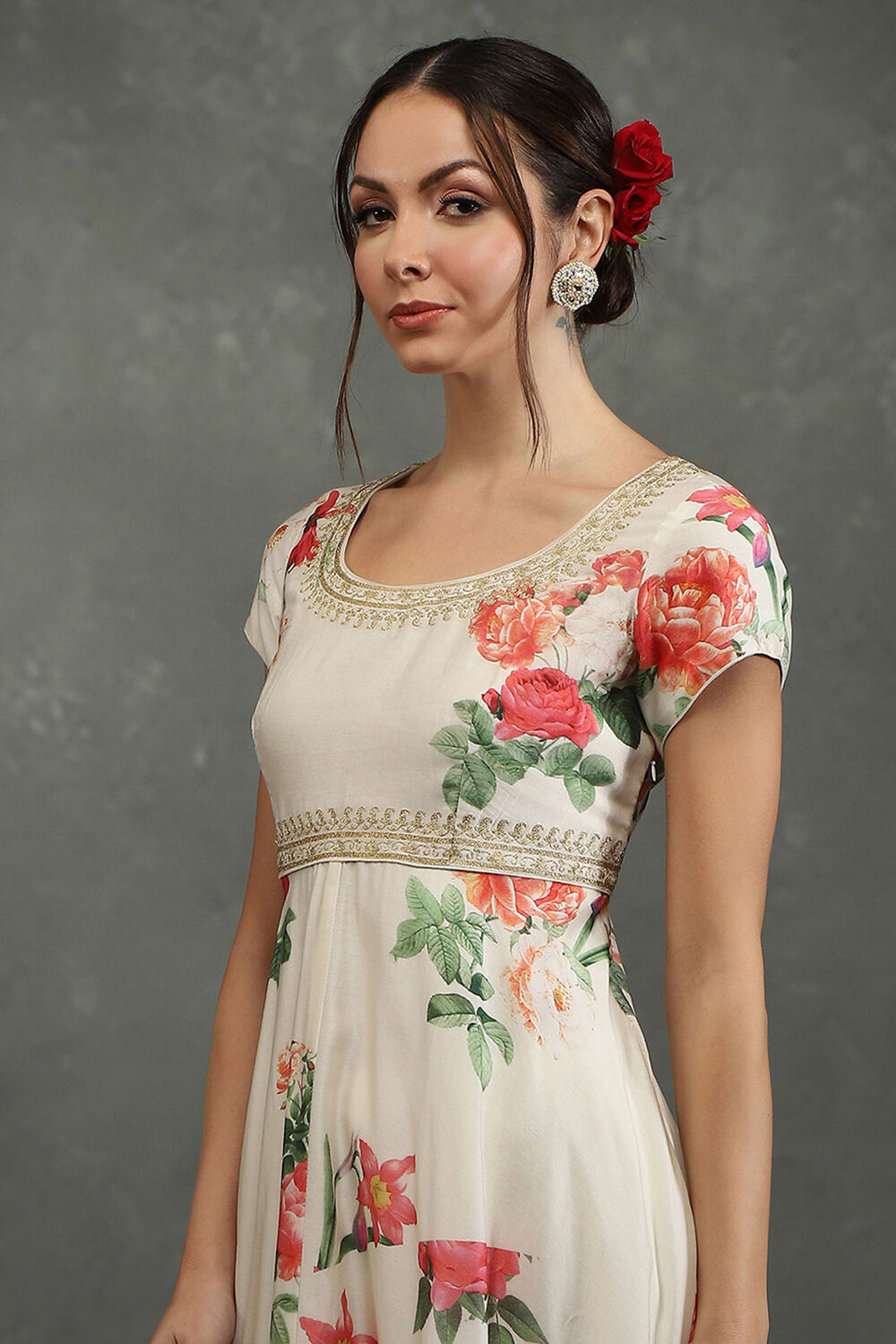 Cream-Colored Silk Chanderi Floral Printed Anarkali Suit Set image number 1