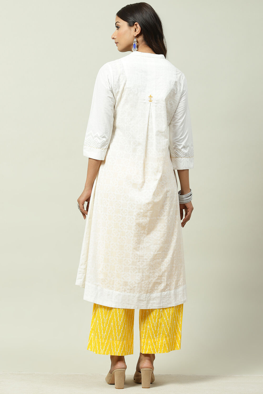 White and Yellow Cotton A - Line Kurta Cropped Palazzo Suit Set image number 6
