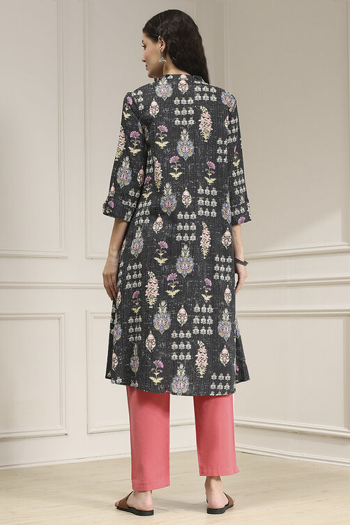 Black Cotton Printed A-Line Kurta image number 3
