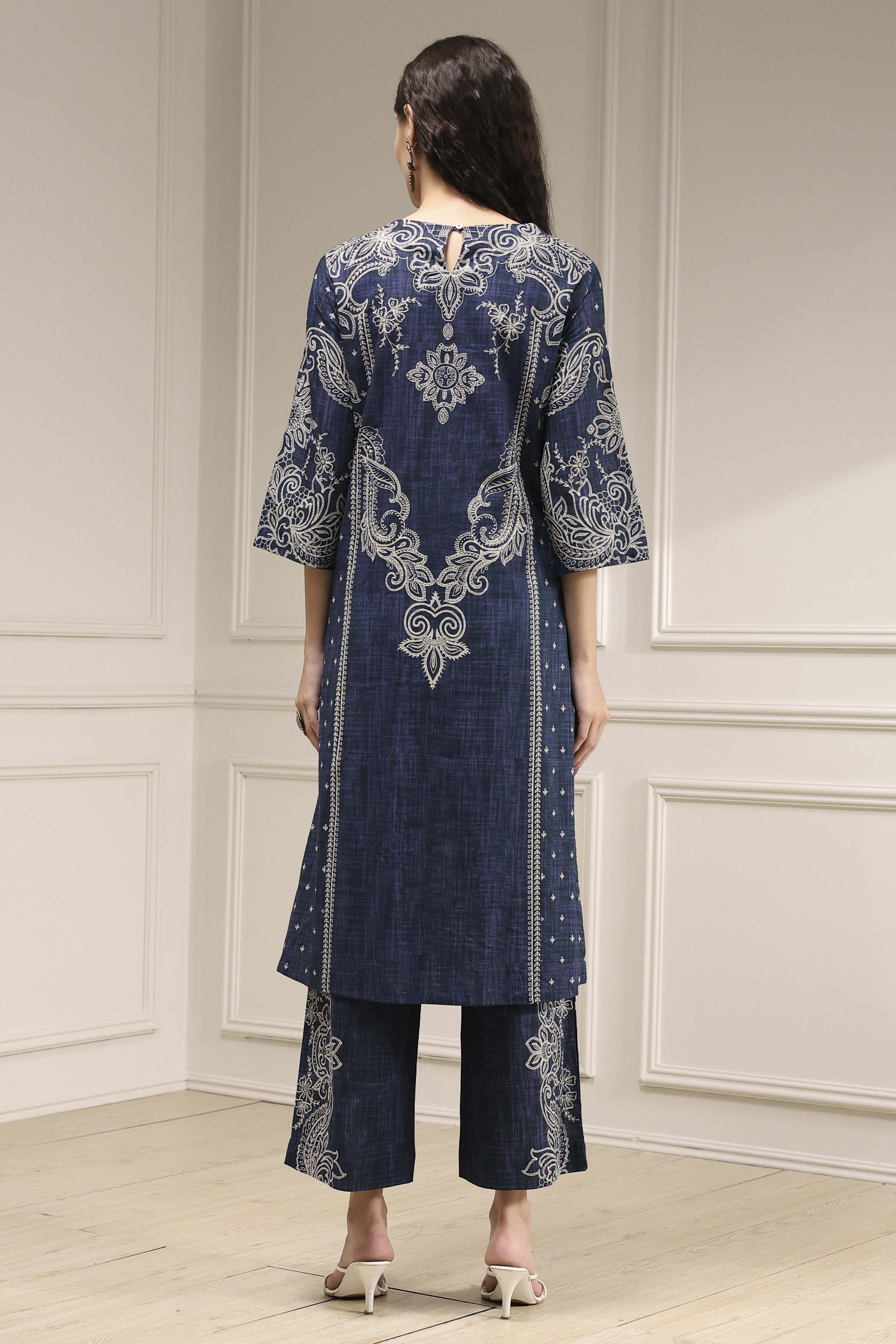 Blue Pure Cotton Printed Straight Suit Set image number 3