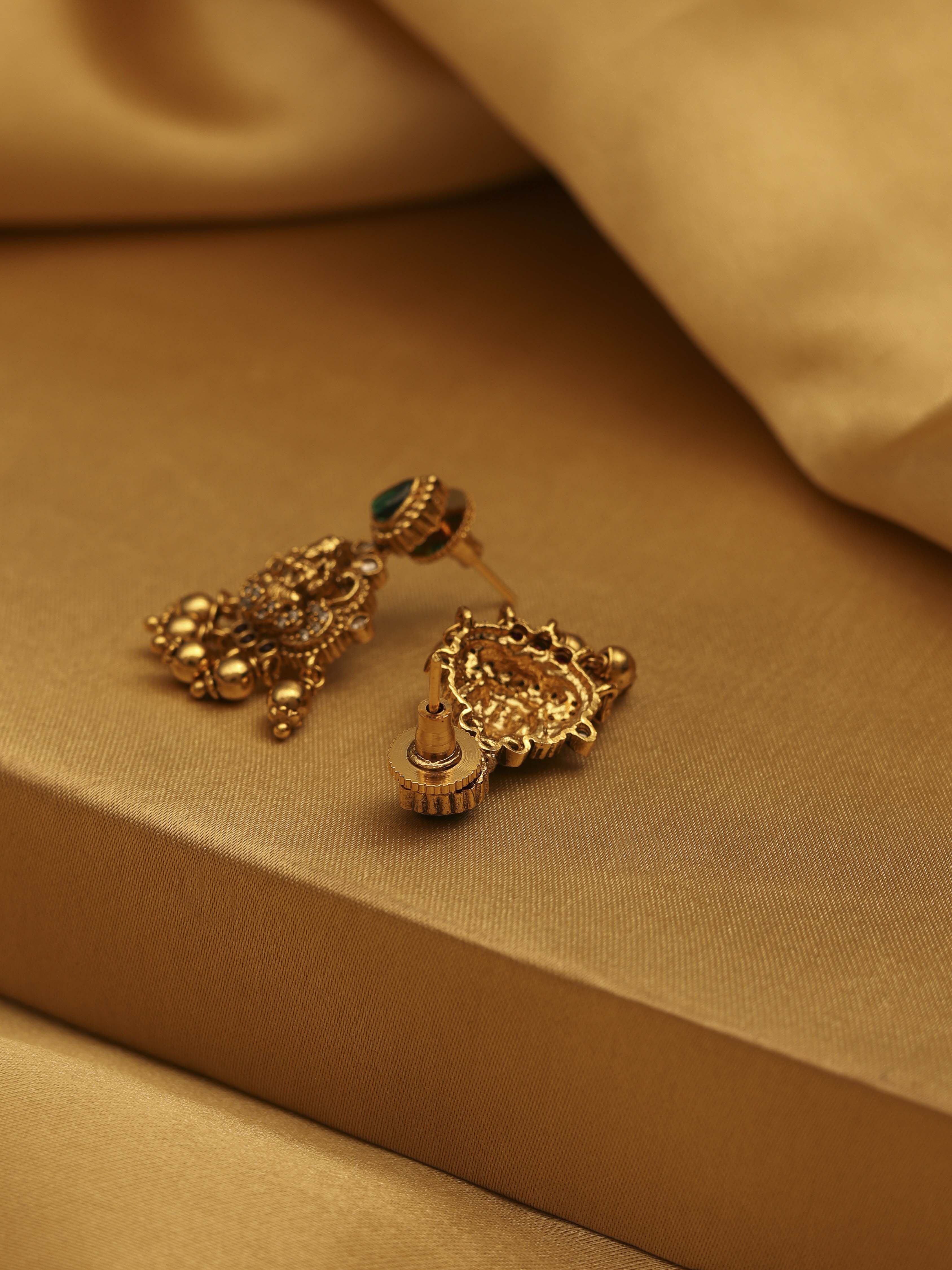 Green Brass Gold Plated Drop Earrings image number 2