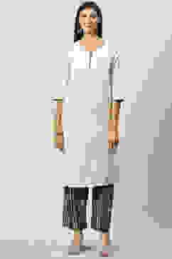 Off White Straight Kurta Palazzo Suit Set image number 6