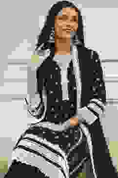 Black Chanderi Embroidered Straight Suit Set image number 0