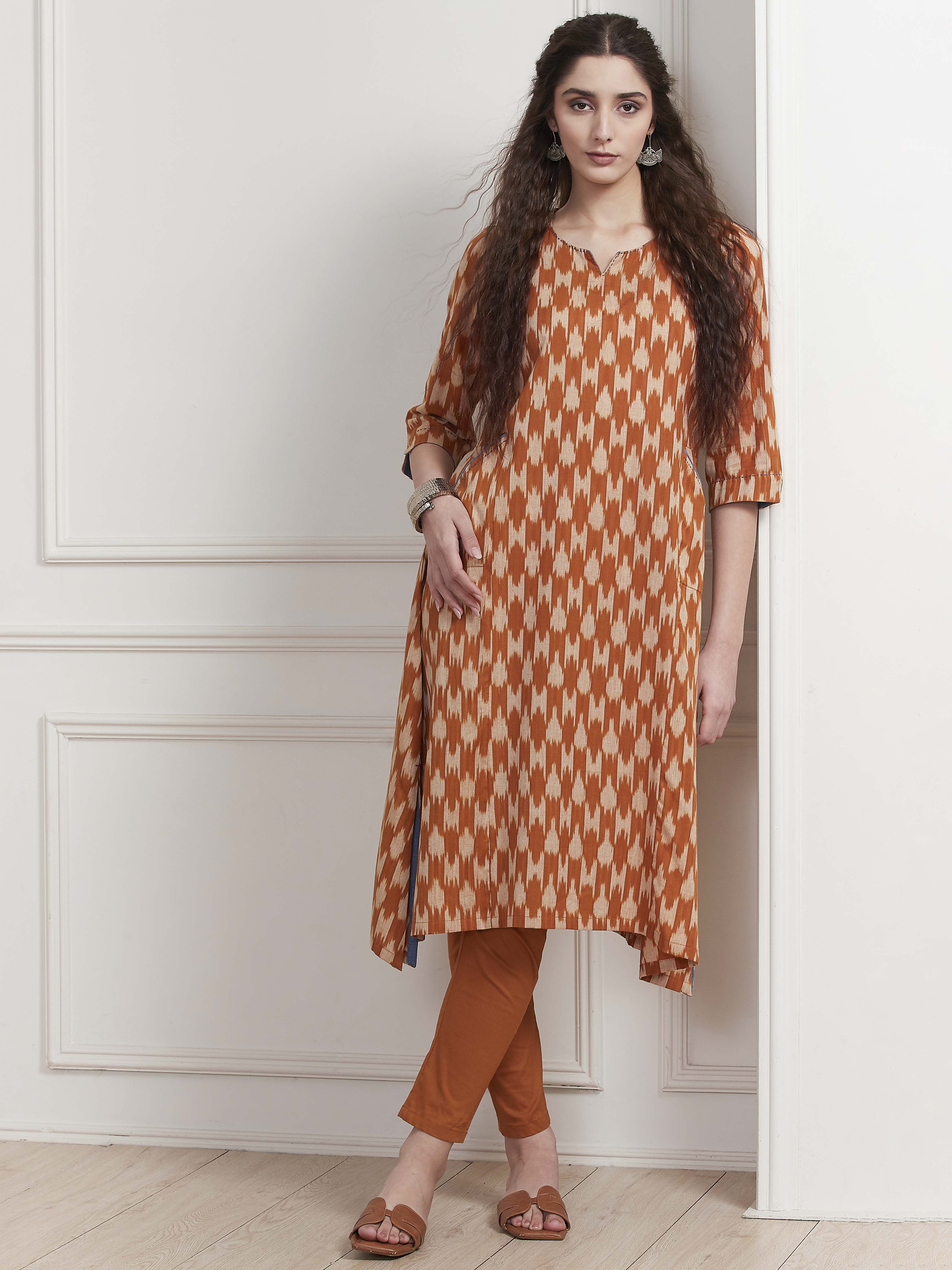 Rust Cotton Ikat Printed A-Line Kurta image number 0