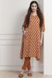 Rust Cotton Ikat Printed A-Line Kurta image number 0