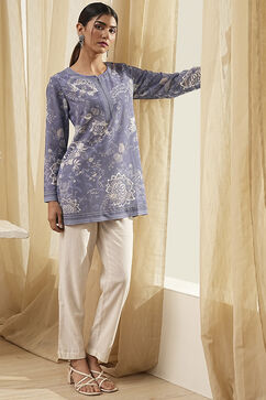 Blue Floral Printed Short Straight Kurta image number 6