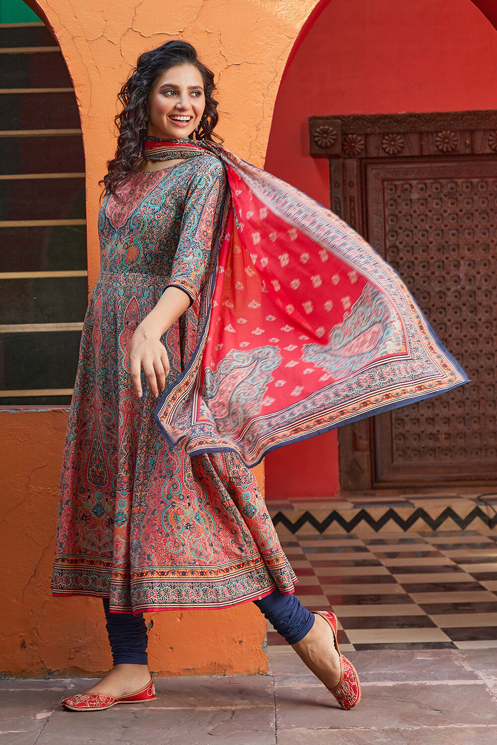 Red Cotton Anarkali Kurta Churidar Suit Set image number 0