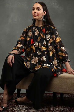 Rohit Bal Black Silk Chanderi Floral Printed Gathered Co-ord Set image number 0