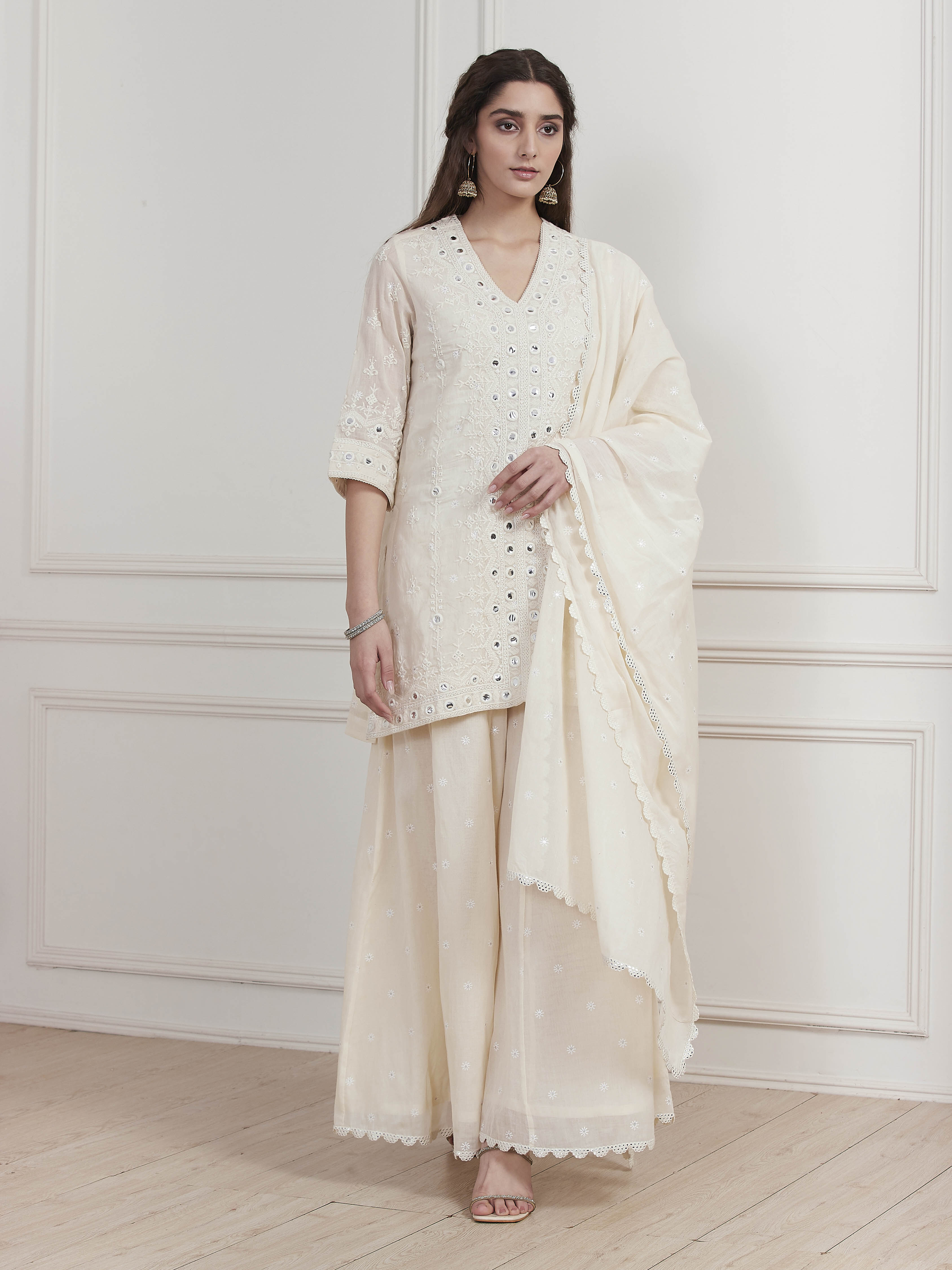 Ecru Cotton Embroidered Straight Sharara Suit Set image number 7
