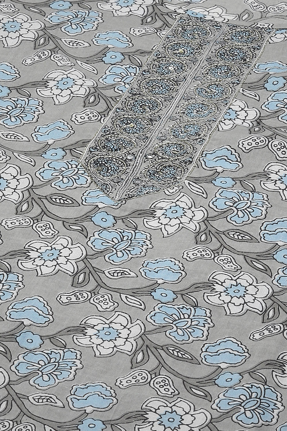 Grey Cotton Hand Block Print Unstitched Suit Set image number 2
