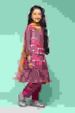 Pink & Purple Polyester Tiered Kurta Printed Suit Set image number 6