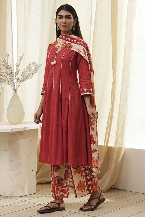 Rust Cotton Yarn-Dyed Kalidar Suit Set image number 3