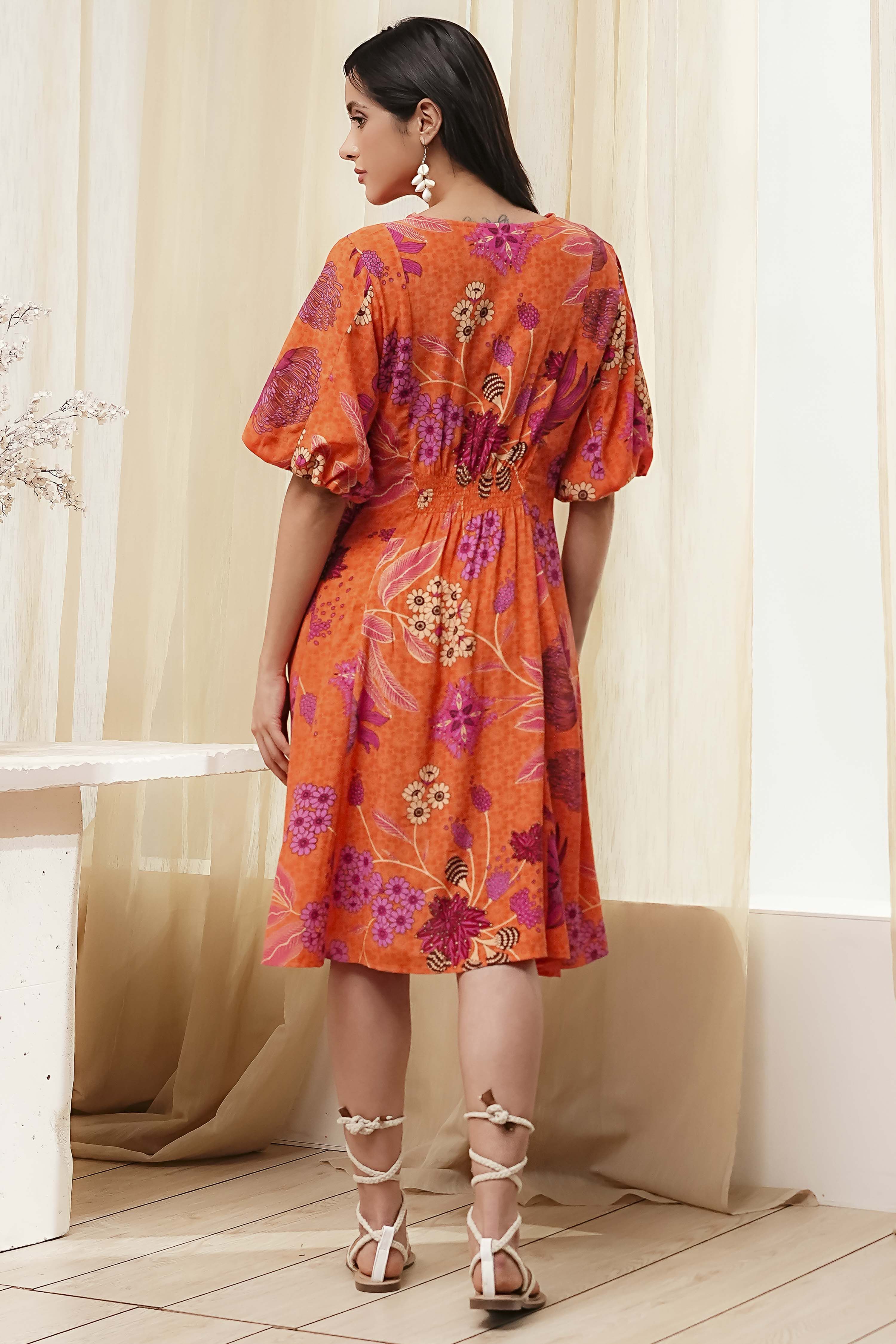 Orange Floral Printed Flared Dress image number 3