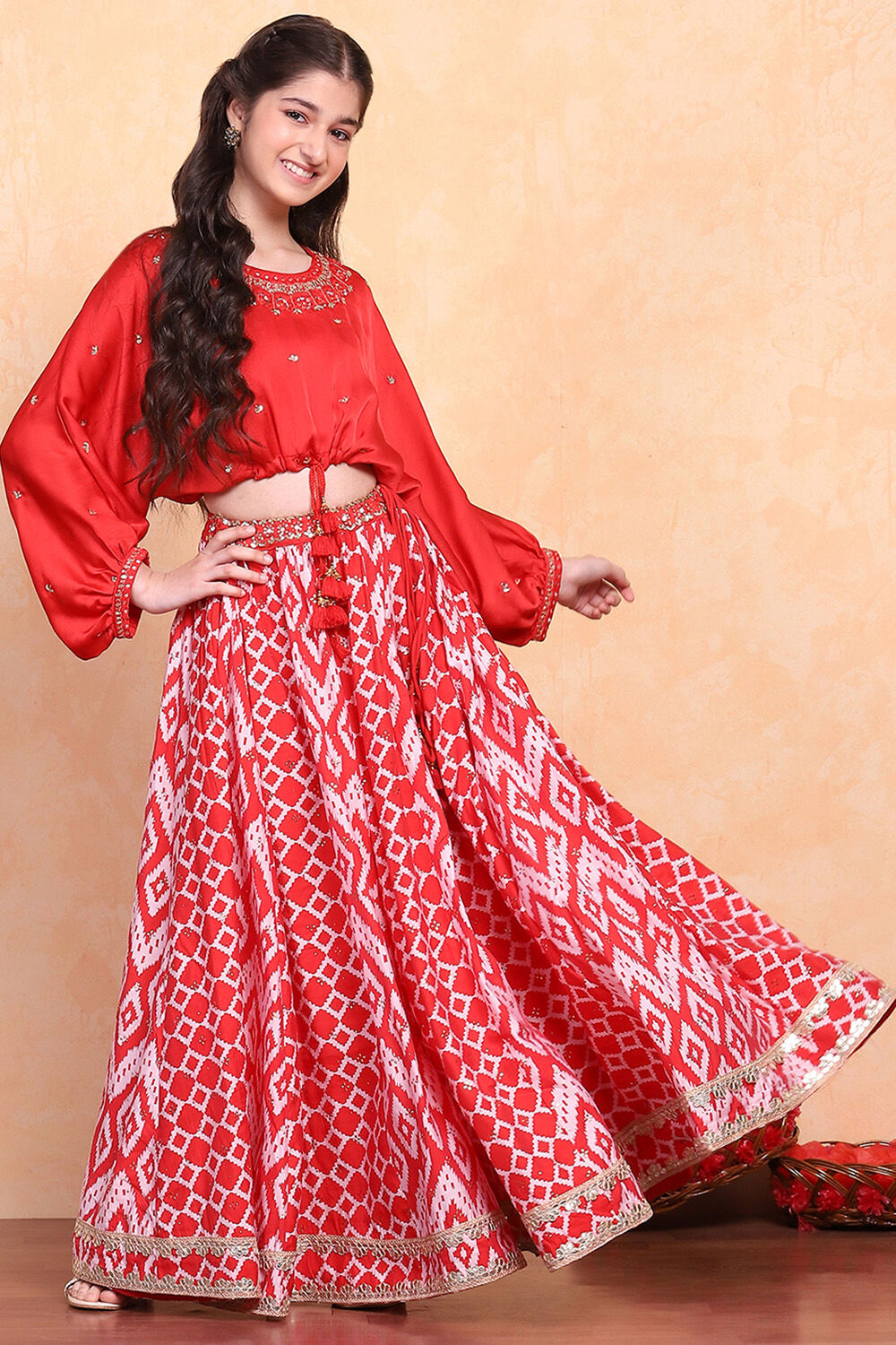 Red Printed Fusion Flared Lehenga Set image number 0