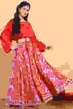 Red Printed Fusion Flared Lehenga Set image number 0