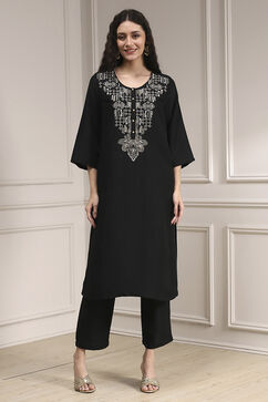 Black Textured Straight Kurta Pants Set image number 6