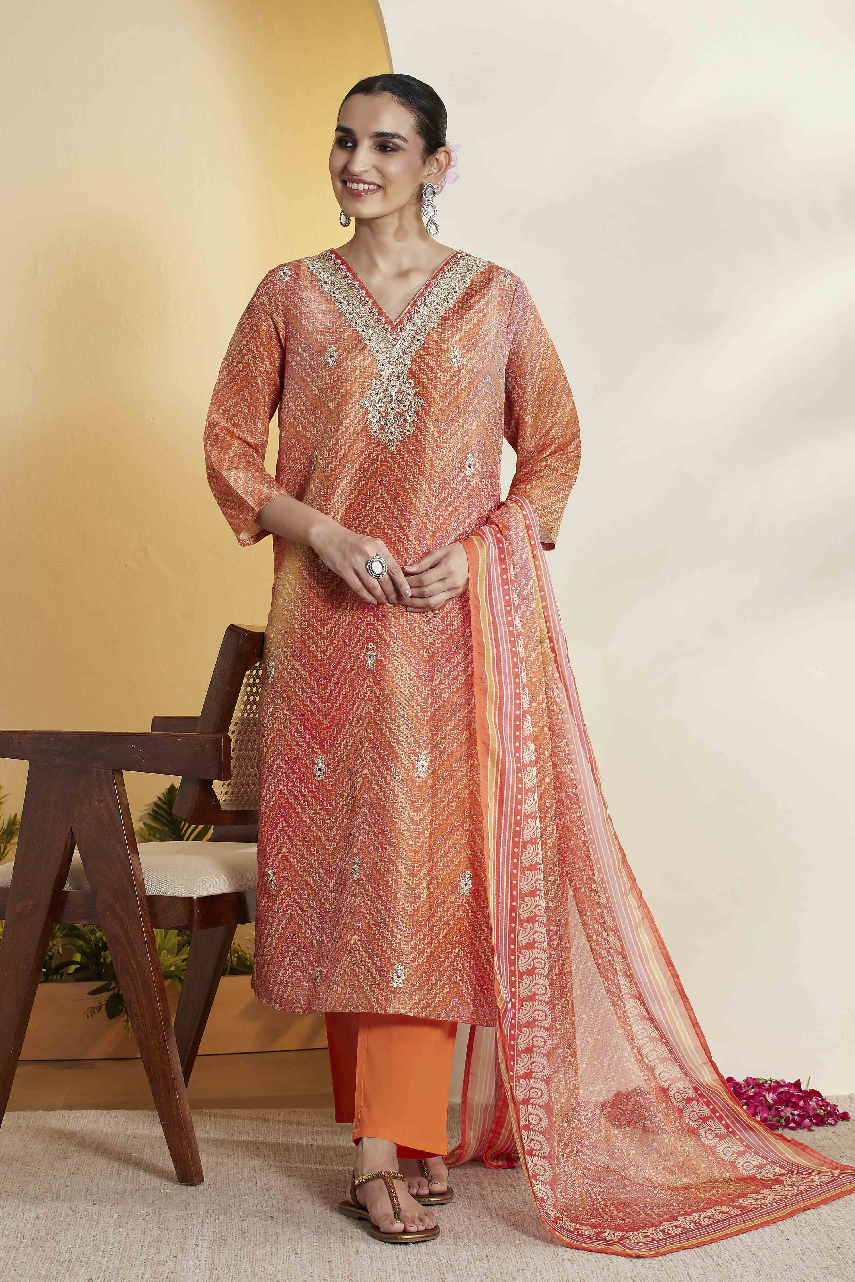 Orange Polyester Straight Printed Suit Set image number 0