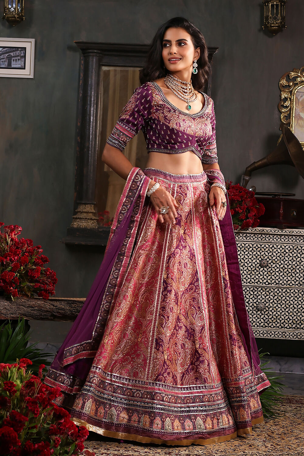 Purple Hand Embroidered Flared Lehenga Set image number 4