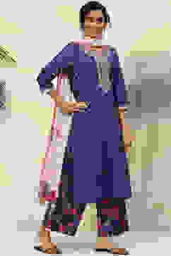 Blue And Off White Cotton Straight Suit Set image number 6