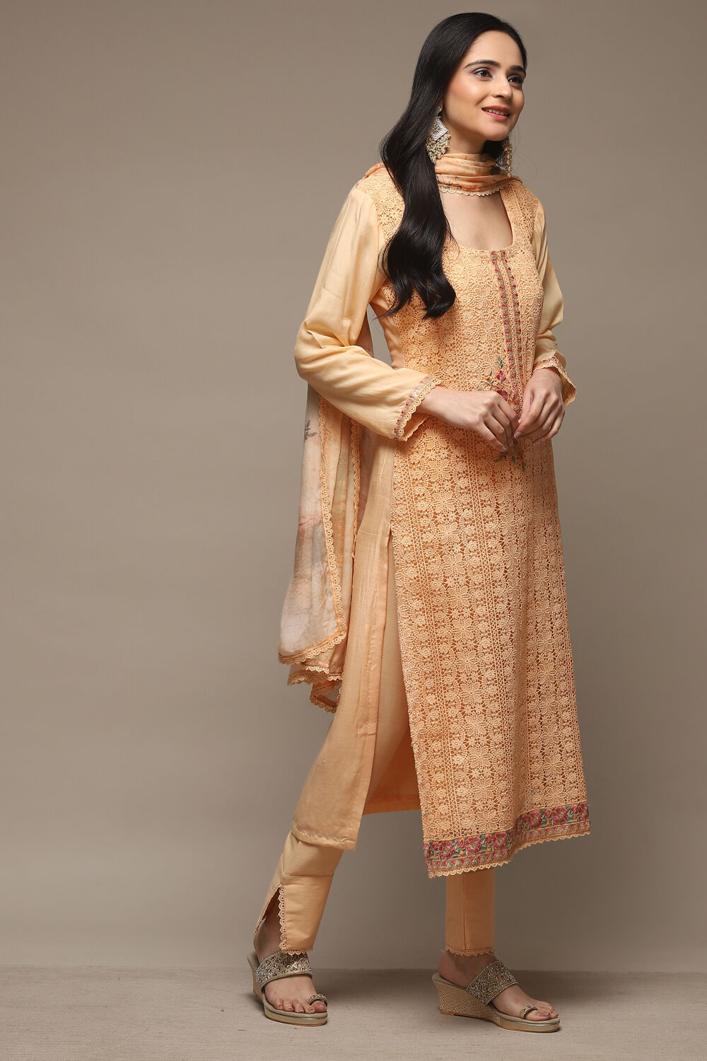 Peach Muslin Lace Unstitched Suit Set image number 7