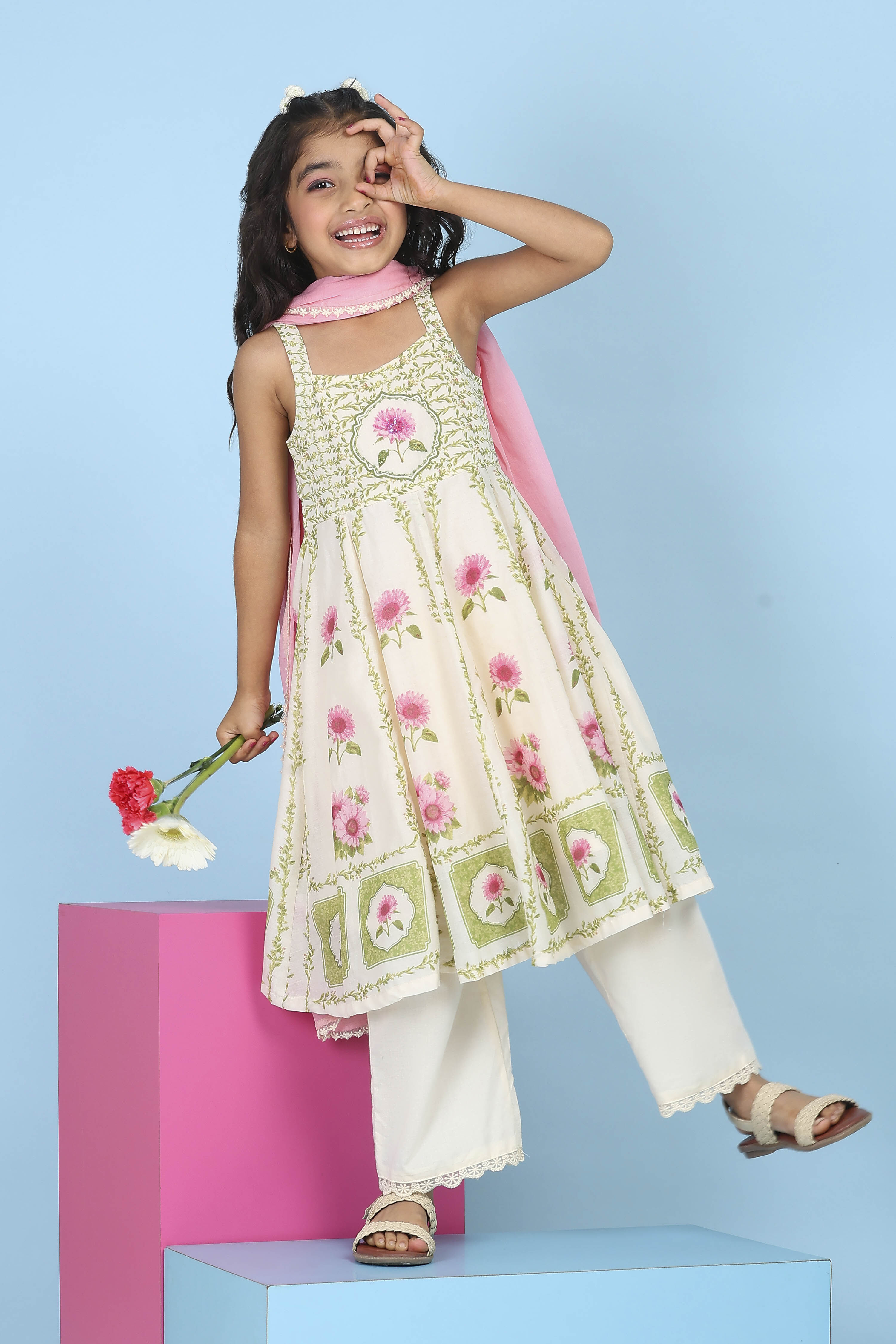 Neutral Cotton Printed Anarkali Suit Set image number 0