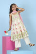 Off White & Green Cotton Floral Printed Anarkali Suit Set image number 0