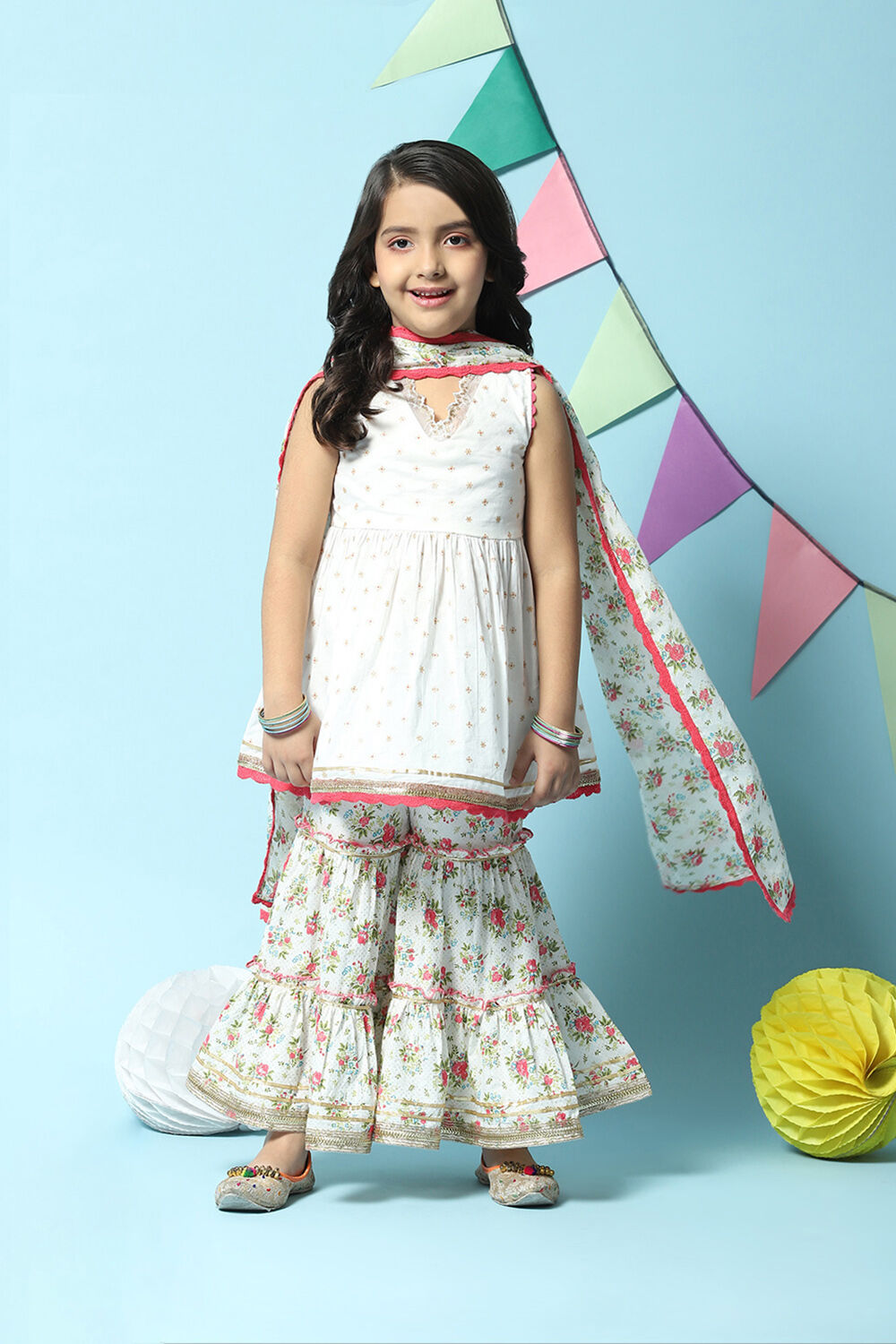 Off White Cotton Gathered Kurta Garara Suit Set image number 0