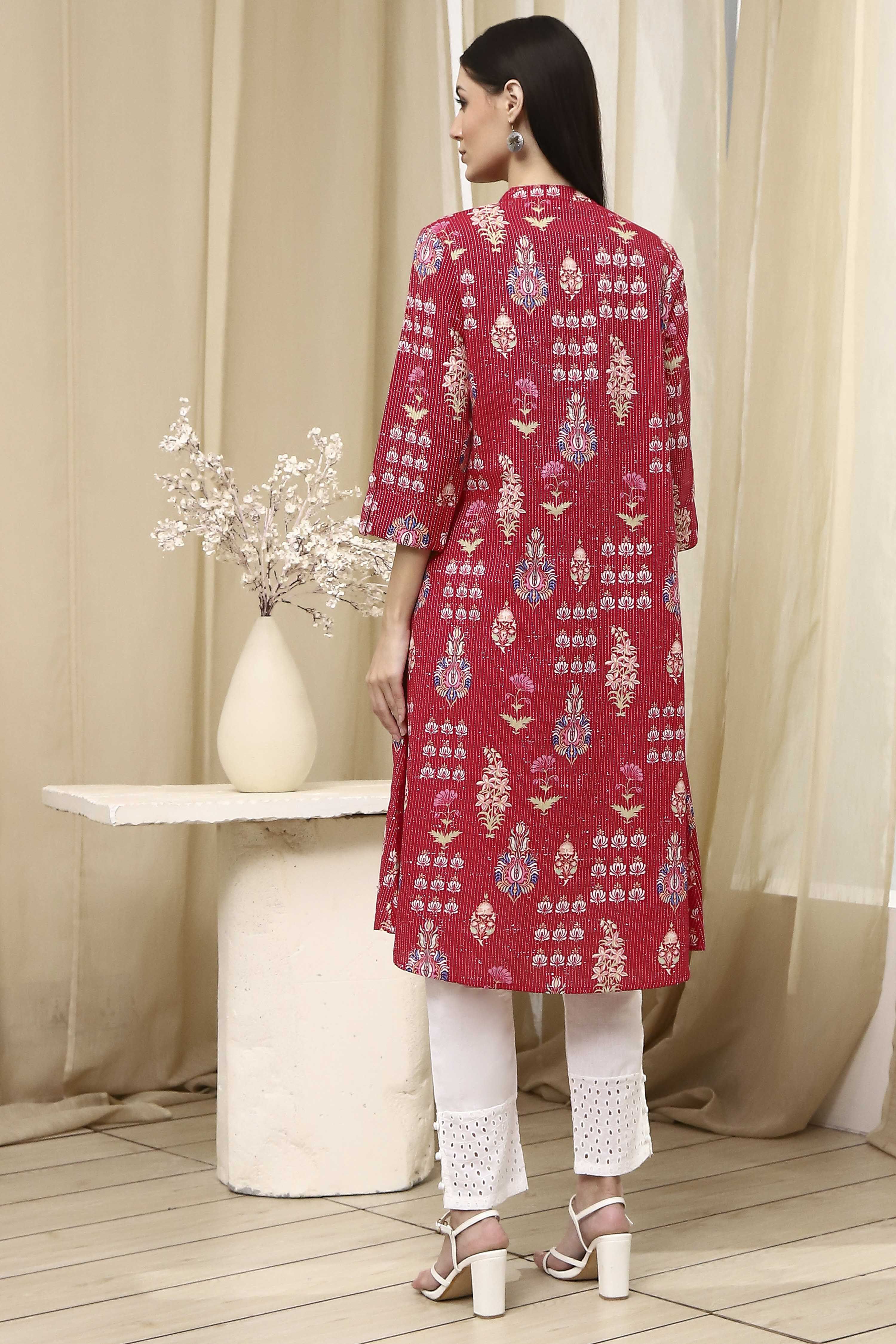 Pink Cotton Printed A-Line Kurta image number 3