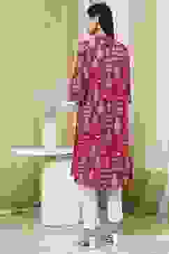 Pink Cotton Printed A-Line Kurta image number 3