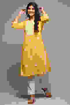 Yellow Cotton Straight Embroidered Kurta image number 0